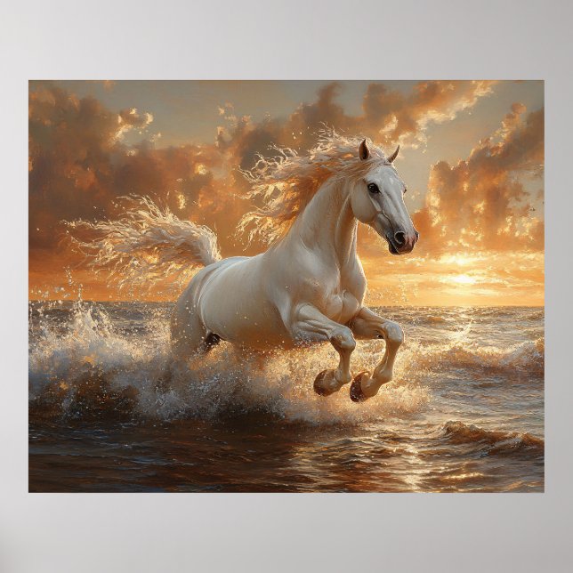 Póster Caballo Blanco Galopando a Través de las Olas del  (Frente)