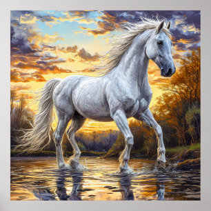 Póster Caballo Blanco Majestuoso Galopando a Través del A