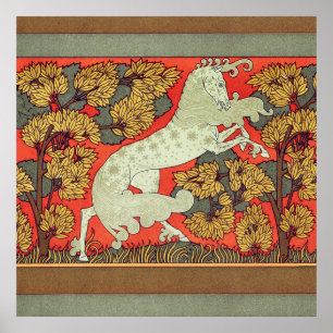 Póster CABALLO BLANCO RAMPANTE, ÁRBOLES EN WOODLAND Art N