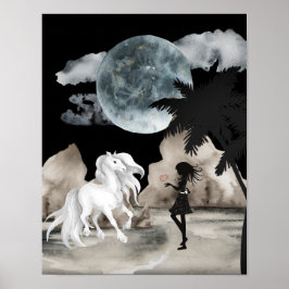 Póster Caballo blanco y Chica con playa de luna llena de
