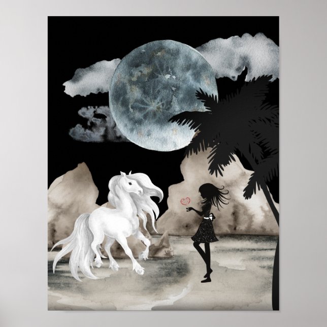 Póster Caballo blanco y Chica con playa de luna llena de  (Frente)