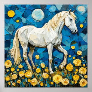 Póster Caballo blanco y flores