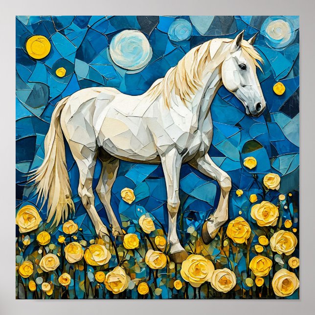 Póster Caballo blanco y flores (Frente)