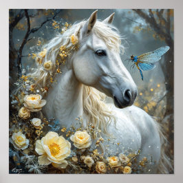 Póster Caballo blanco y flores