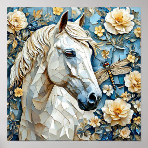 Póster Caballo blanco y flores