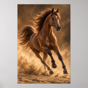 Póster Caballo Castaño Galopante en Polvo Dorado Ecuestre