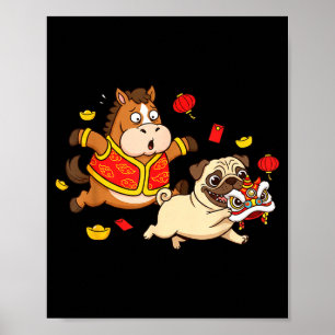 Póster Caballo Chino Pug Divertido Niños Hombres Mujeres
