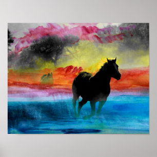 Póster Caballo colorido que corre en poster del agua