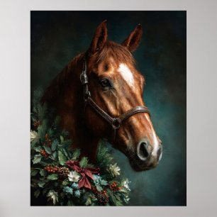 Póster Caballo con corona navideña y cinta roja