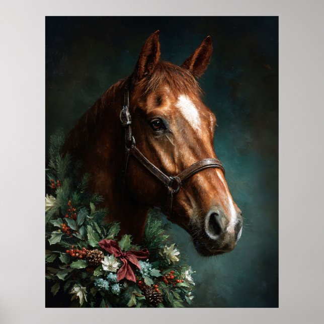 Póster Caballo con corona navideña y cinta roja (Frente)