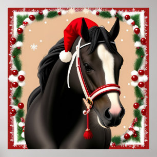Póster Caballo con sombrero festivo de Santa en Navidad