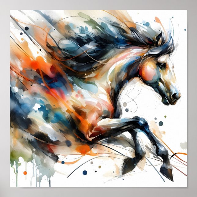Póster Caballo corriendo abstracto en acuarela (Frente)