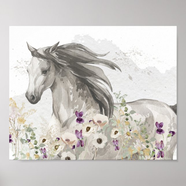 Póster Caballo corriendo en campo de flores (Frente)