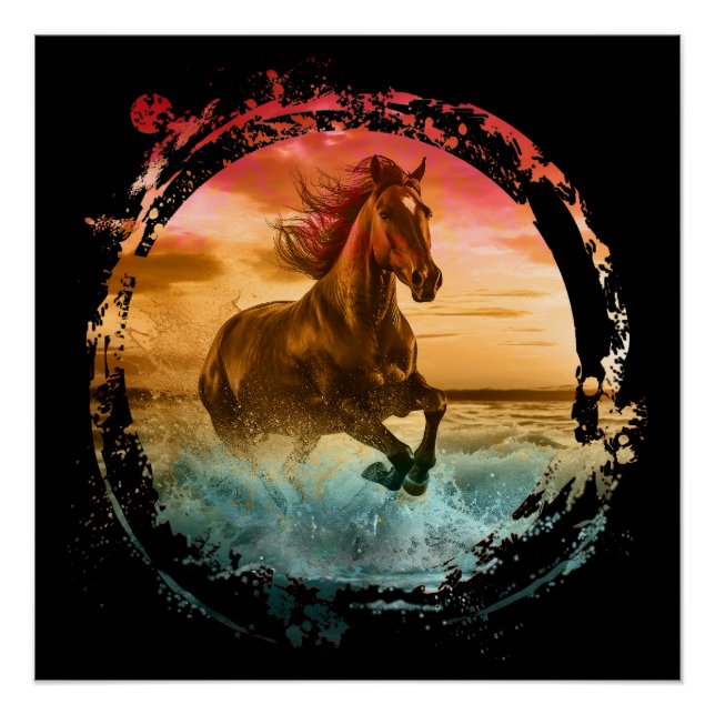 PÓSTER CABALLO CORRIENDO EN PAISAJE MARINO COSTERO (Anverso)