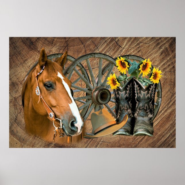 Póster Caballo Cowboy Boots Rueda de vagón girasoles occi (Frente)
