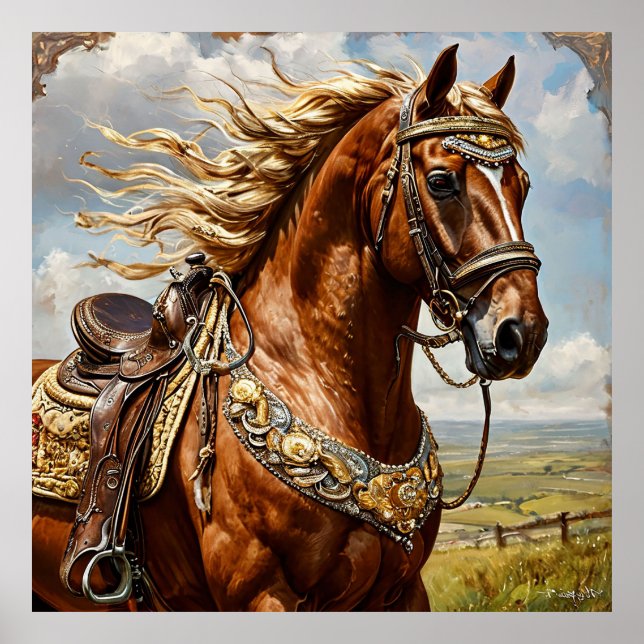 Póster Caballo de castaño con montura Ornate bajo cielo s (Frente)