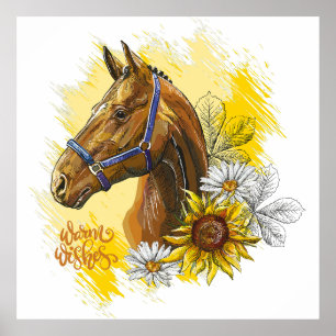 Póster Caballo de dibujo manual con plantas y flores tira