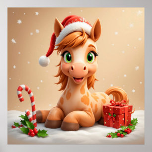 Póster Caballo de dibujos animados de Navidad con sombrer