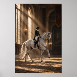 Póster Caballo de Dresaje Blanco y Jinete en Gran Pista d