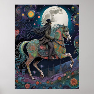 Póster Caballo de equitación de Halloween de la luna llen