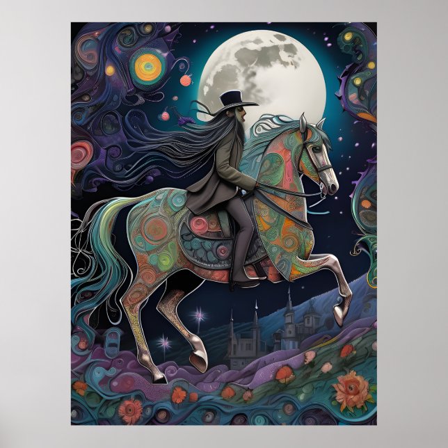 Póster Caballo de equitación de Halloween de la luna llen (Frente)