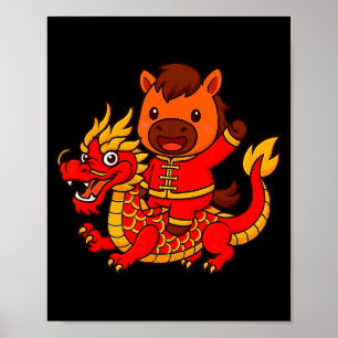 Póster Caballo de Fuego Lindo Montando Dragón Chino Año N