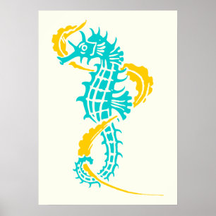 Póster Caballo de mar azul turquesa, amarillo y algas mar