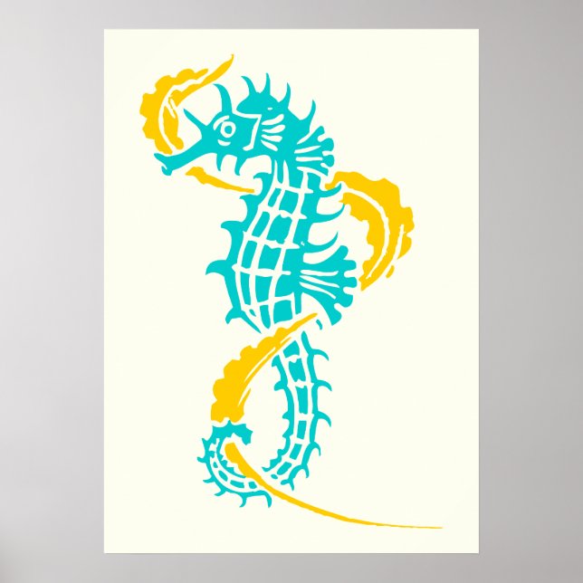 Póster Caballo de mar azul turquesa, amarillo y algas mar (Frente)