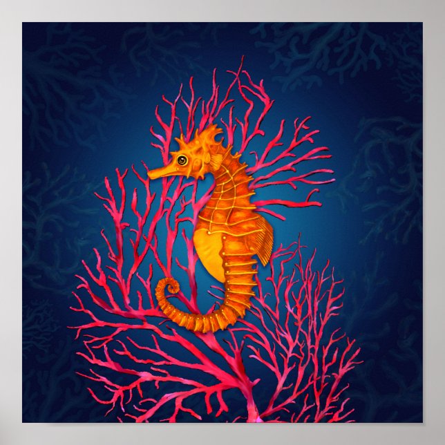 Póster Caballo de mar y Coral de ventilador rojo (Frente)
