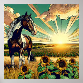 Póster Caballo de Pinto en un campo de girasol