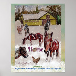 Póster caballo de pintura, escena de invierno