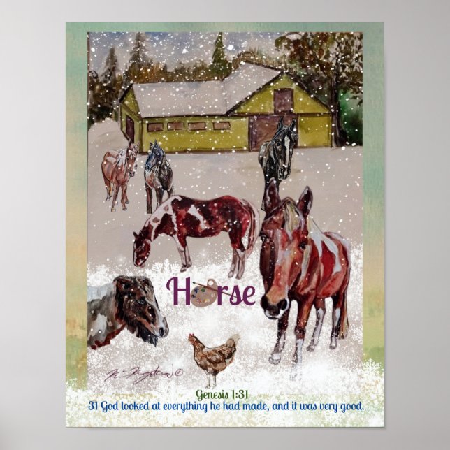 Póster caballo de pintura, escena de invierno (Frente)
