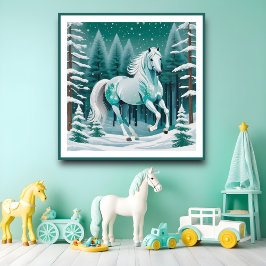 Póster Caballo de plata verde en bosque encantado