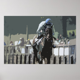 Póster Caballo De Raza Con Jockey En Poster Azul