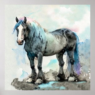Póster Caballo de raza Shire Gentil Acuarela Azul