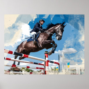 Póster Caballo de salto del jinete en la competencia