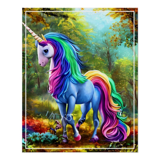 Póster Caballo de unicornio colorido en el bosque 46567 (Anverso)