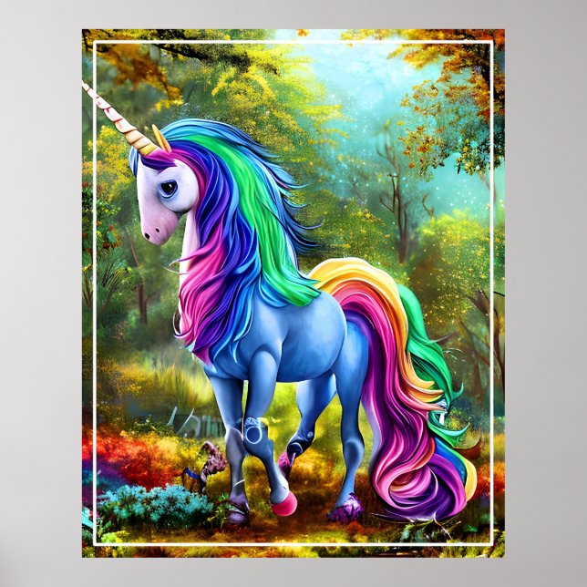 Póster Caballo de unicornio colorido en el bosque 46567 (Frente)
