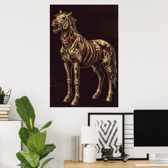 Póster Caballo Desmuerto sobre Fondo Oscuro Gótico (Oficina en casa)