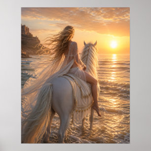 Póster Caballo desnudo soñador en la playa al atardecer