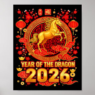 Póster Caballo Dorado Año Nuevo Chino 2026 Dragón Zodiaco