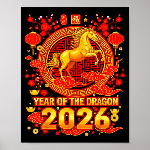 Póster Caballo Dorado Año Nuevo Chino 2026 Zodiaco Dragón