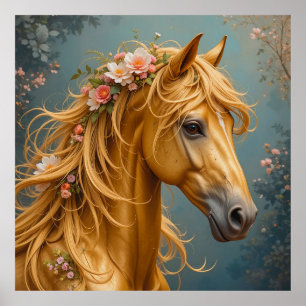 Póster Caballo Dorado con Melena Fluyente