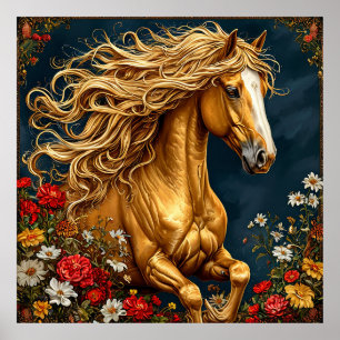 Póster Caballo Dorado con Melena Fluyente