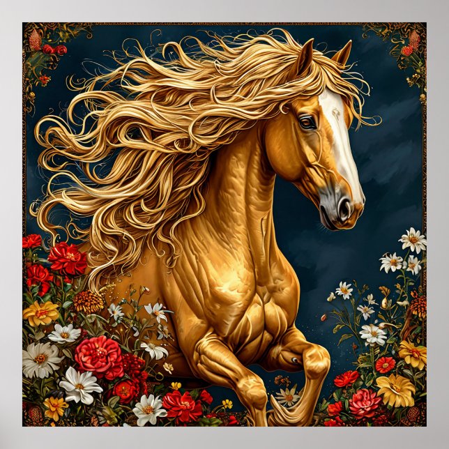 Póster Caballo Dorado con Melena Fluyente (Frente)