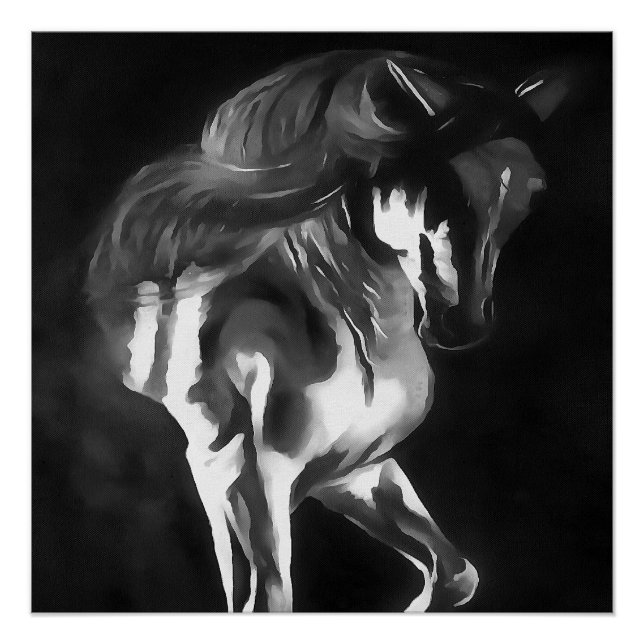 Póster Caballo En Gris Sobre Negro (Anverso)