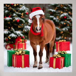 Póster Caballo festivo con sombrero de Santa