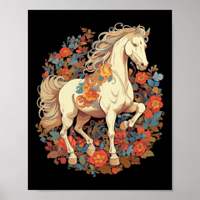 Póster Caballo Flor Floral Hípica Montar ecuestre (Frente)