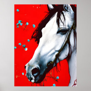 Póster Caballo Fondo Rojo Flores Azules