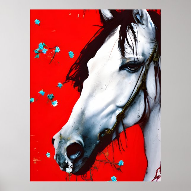 Póster Caballo Fondo Rojo Flores Azules (Frente)